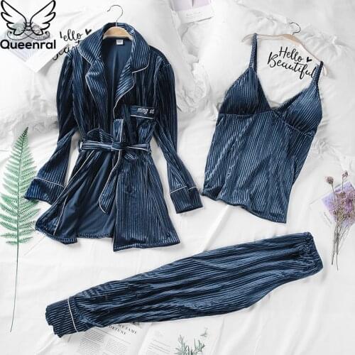 Queenral 3PCS Gold Velvet Warm Winter Pajamas Sets Women Sleepwear Sexy Lace Robe Pijamas Nightwear Pyjama Femme Nightie