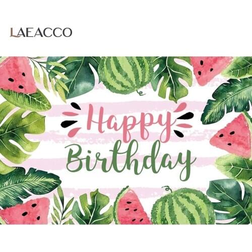 Laeacco Birthday Photophone Stripes Watermelon Tropical Leaves Summer Photography Backgrounds Baby Shower Backdrops Photo Studio
