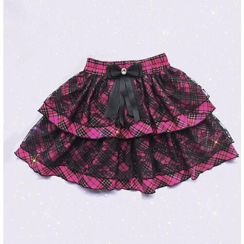 Japanese Harajuku style Y2K Tuku Hot girl cake skirt black sweet lace bow tie two layer punk plaid short mini skirt