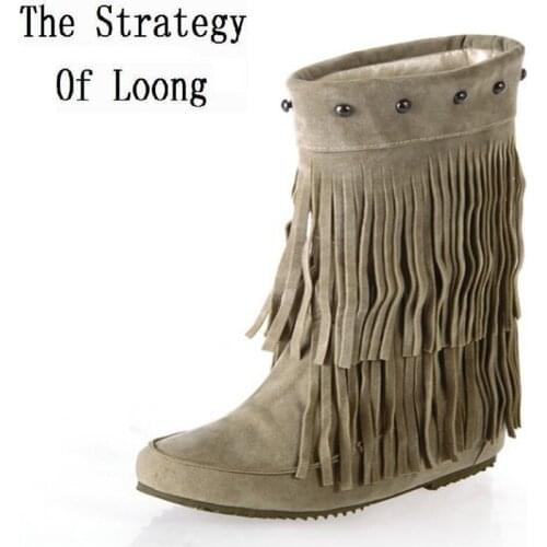 Fashion Casual Rivets Mid Calf Flats Retro Fringe Round Toe Boots Flock Women Tassels Short Boots Plus Size 41 42 43 SXQ0812