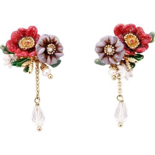 Fashion creative new enamel glaze two-color flower stud earrings personalized tassel dangle earrings niche design earrings