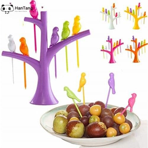 New 6Birds+1 Kitchen Gadget Bird Tree Birdie Fruit Fork Toothpick Fruit Tool Cartoon Party Fork Tableware Dinnerware Set 5zCF414