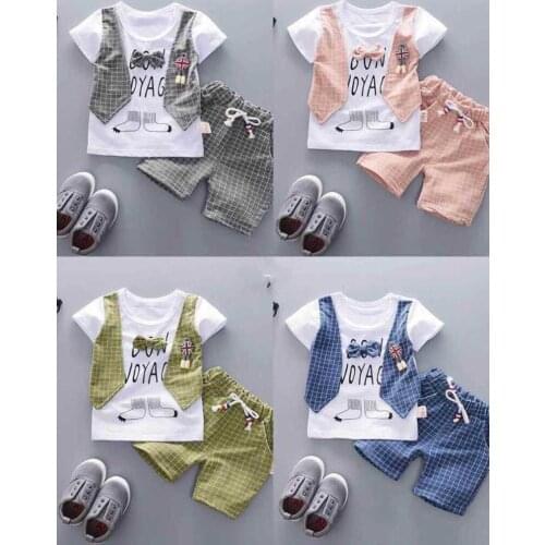 Boys clothes summer 2021 fashion gentleman version fake three-piece cartoon plaid short-sleeved shorts 2PCS1-5 year-old suit