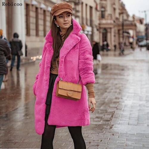 Faux Fur Coat Women Autumn Winter Elegant Cashmere Oversize Long Teddy Coat Plush Warm Overcoat Female