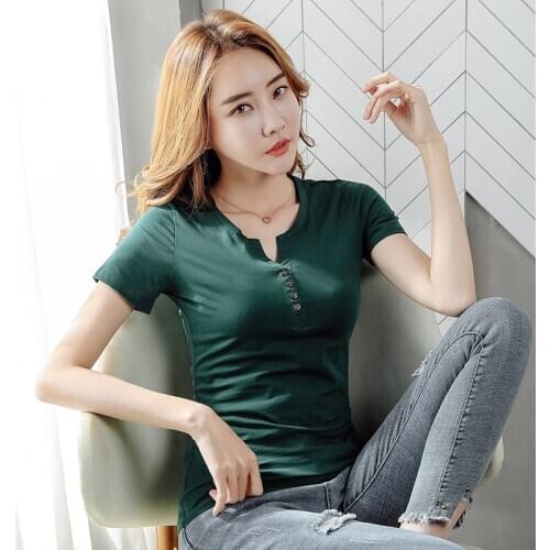 Plus Size S-4XL 2021 New T Shirt Women Fashion Short Sleeve Summer Tops V-Neck T-shirt Elegant Slim Korea Women Cotton Tops