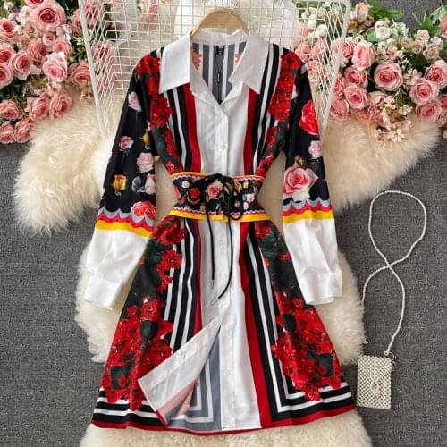 Loose shirt shirt skirt 2021 spring womens retro striped rose contrast printing waist studded diamond dress