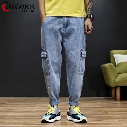 WWKK HOT New 2020 Large Size 28-42 Harem Jeans Fashion Loose Big Pockets Hip-Hop Skateboard Casual Men Denim Blue Design Brand