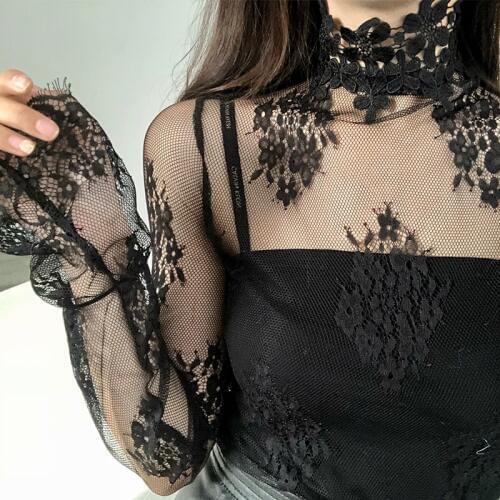 2019 New Fashion Autumn Women Hollow Out Lace Blouses Turtleneck Mesh Shirts All-match Lady Tops Pullovers Brief Bottomings 903