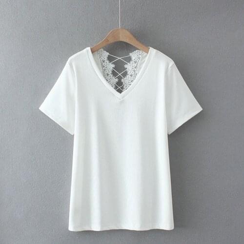 Plus Size White Black Summer Tops Women Short Sleeve V-neck Lace Shirts Oversized Slim Shirts
