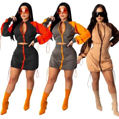 Echoine Autumn Winter Women Long Sleeve Zipper Cardigan Slit Sexy Crop Tops Short Skirt Two Pieces Set Fashion Streetwear Outfit