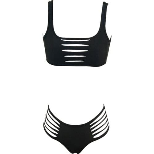 Women’s Solid Color 2Pcs Bikini Suit, Low Square Neck Hollowed Tank Tops with Triangle Bottoms for Beach/Swimming
