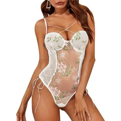 Women Sexy Bodysuit White Suspender Teddies Lace Leaves Floral Printed Pattern See-through Skinny One-piece Teddies Bodysuits