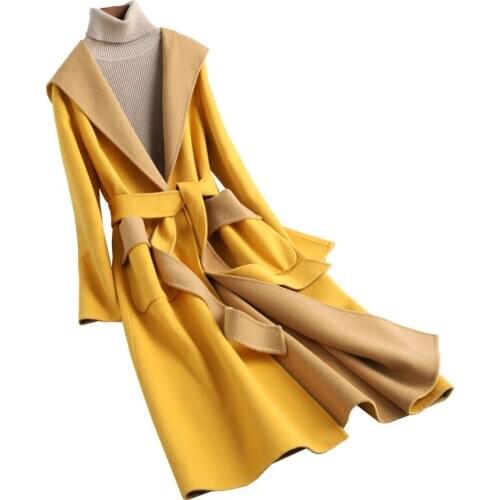 Genuine Wool Blend Fur Coat Jacket With Hoody Winter Women Fur Slim Outerwear Overcoat LF2103