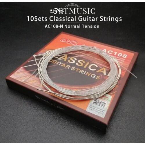 10SET Classical Guitar Strings Clear Nylon Strings Silver Plated Copper Alloy Wound Normal Tension - Alice A108-N encordoamento