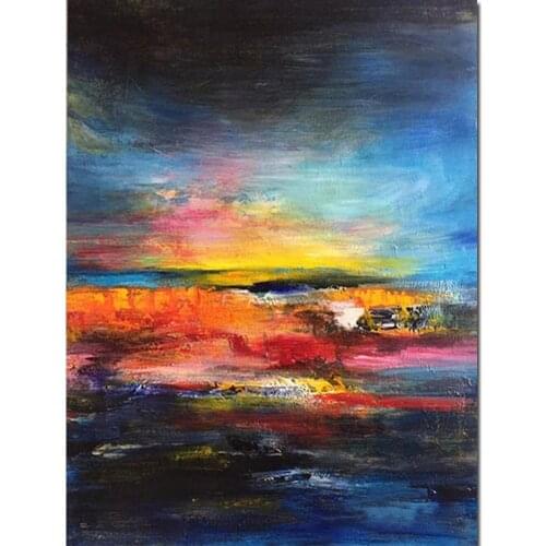 Abstract Blue Ocean Painting Handmade Oil Canvas Artwork Sunset Seascape Modern Art Colorful Orange Wall Decor Personalized