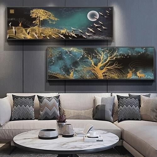 Large Wall Art Canvas Prints Chinese Mountain Moon Night Gold Tree Birds Painting Hall Living Room Decor Canvas Art Wall Poster