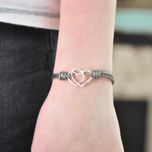 Blucome Fashion Double Heart Shape Bracelet Gray Leather Magnet Bracelets Accessories For Women Girl Party Daily Hand Jewelry