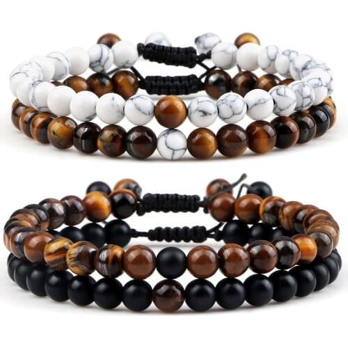 2pcs Tiger Eye Beads Bracelet Couple Distance Natural Stone Malachite Lava Rock Strand Bracelets Set Braided Bangle Yoga Jewelry