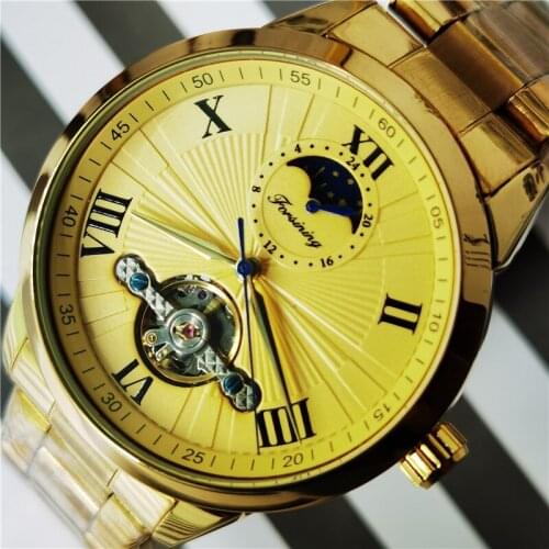 Forsining 2020 Golden Men Mechanical Automatic Watches 3D Dial Tourbillon Moonphase Wristwatch Steel Big Clock Relogio Masculino