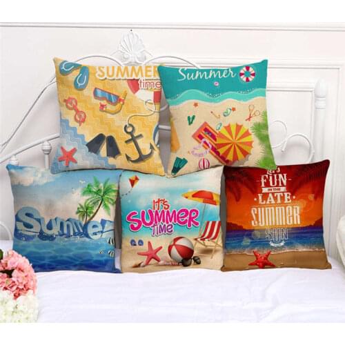 Throw Pillow Cases Hello Summer Sandy Beach Cushion Cover 45x45cm Home Living Room Decoration Linen/Cotton Pillowcover Decor
