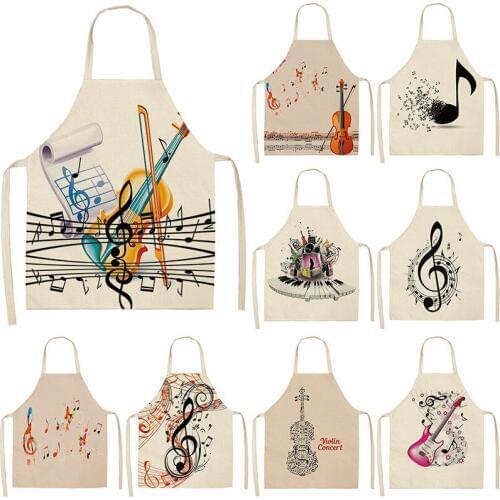 Musicial Note Guitar Piano Kitchen Aprons Women Cotton Linen Bibs Household Cleaning Pinafore Home Cooking Apron 53*65cm WQL0141