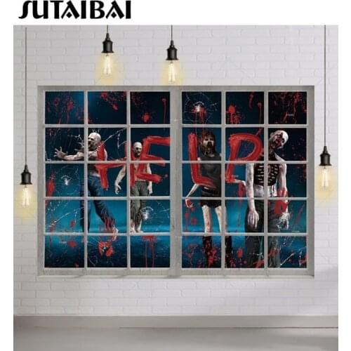 Walking Zombie Scary Dead Halloween Party Banner Night Window Background Help Sign Photography Props Photo Backdrop Studio