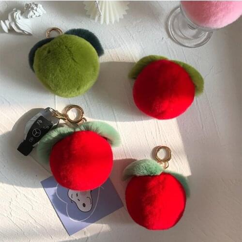 Kawaii Fluffy Fur Chains 100% Rabbit Fur Keyrings Fruit Apple Plush Pompom Womens Charm Bag Pendant Accessories Keychains