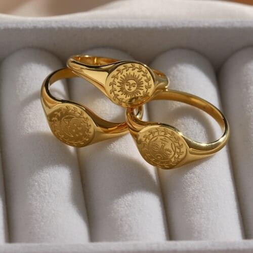 Waterproof Stainless Steel Creative Design Engraving Leaf Moon Star Godness Design Signet Ring Gold Plated Rings For Woman