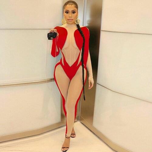 Sexy Jumpsuit Women Party Clubwear Club Outfits Mesh Sheer See Through Patchwork Bodycon Rompers Night Out Overalls for Women