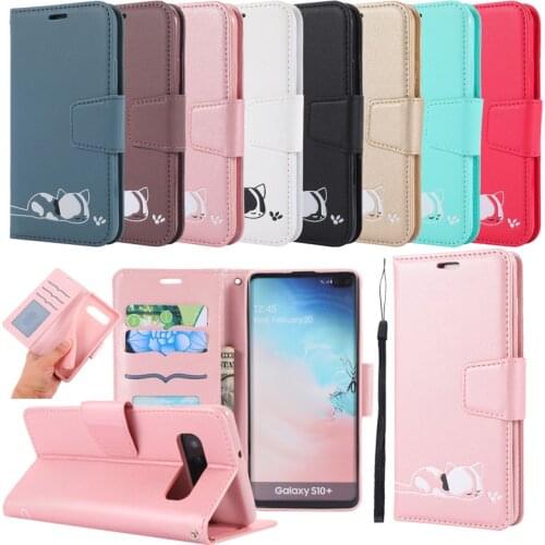 Cute Cat Patterned Flip Leather Folio Wallet Phone Case Cover For Samsung S10 S10E Note 10 Pro J4 J6 Plus S9 Magnetic Stand Capa