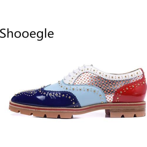 Mixed Color Patchwork Men Shoes Spikes Studded Slip on Loafers Anti-skid Men Casual Shoes Red Blue Black Green