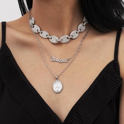 Fashion Luxury Rhinestone Letters Goddess Pendant Necklace for Women Exaggerated Multilayer Geometric Necklace Jewelry Kolye