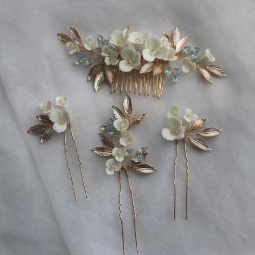 Delicate Ceramic Flower Hair Comb Bridal Pins Gold Leaf Jewelry Handmade Wedding Headpiece Fashion Women Hairpiece