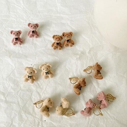 New Korean Kawaii Funny Plush Small Stud Earrings Cute Bow Bear Statement Dainty Earring Fashion Jewelry 2021