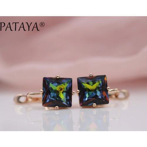 PATAYA New Multicolor Square Design 585 Real Rose Gold AB Natural Zirconia Luxury Earrings Women Beautiful Fashion Party Jewelry