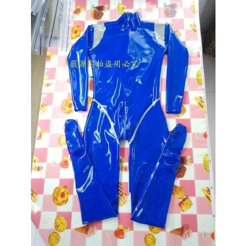 Sexy Mens Blue Full Body Latex Feish Catsuit Rubber Suit with Silver Trim Club Wear