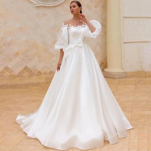 Simple Chic Satin Puff Sleeves Appliqued Wedding Dresses A-Line Bridal Gown Plus Size Beach Princess свадебное платье 2021