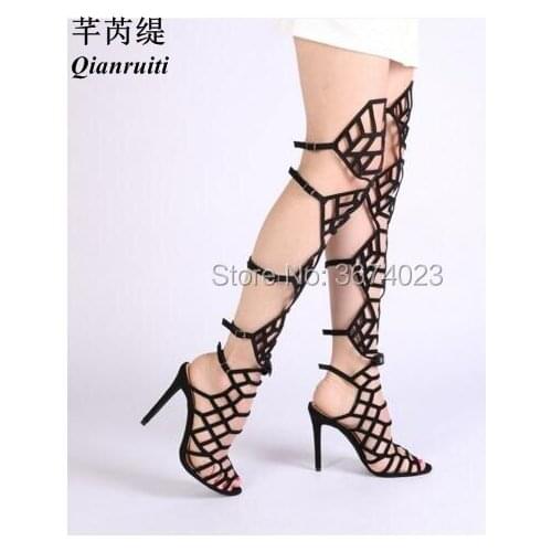 Qianruiti Women Gladiator Long Boots Cut Outs High Heels Over knee High Sandals Hollow Out Shoes Summer Sexy Boots Sandals