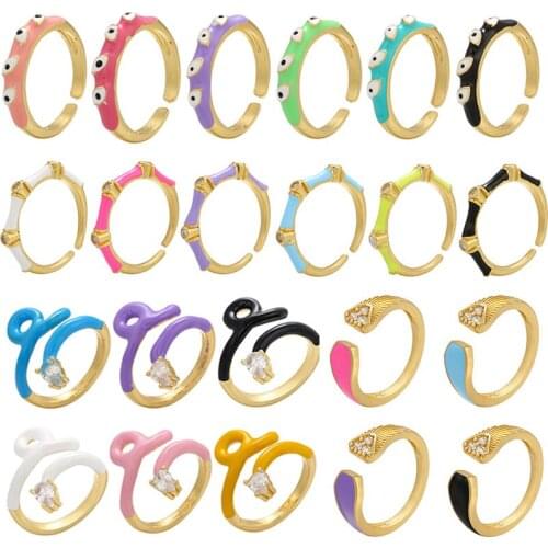 QMHJE Enamel Evil Eye Bamboo Snake Women Ring CZ Neon Purple Glitter Gold Color Open Cuff Lady Wedding Engagement Adjustable