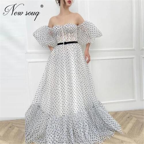 Romantic Off The Shoulder Prom Dresses For Girl Arabic Dubai Black Dot Evening Dress With Belt Vestido De Festa 2021 Party Night