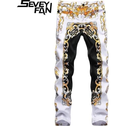 SEVEYFAN Plus Size 42 Mens Fashion 3D Flower Printed Jeans Pure Cotton Straight fit Denim Pants Male