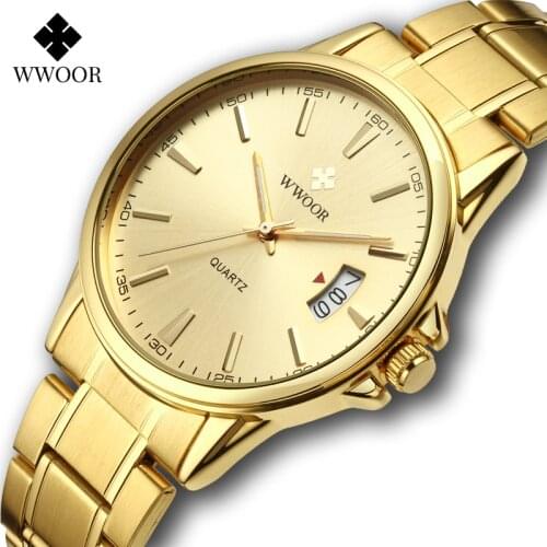 WWOOR Fashion Waterproof Watch For Men Stainless Steel Gold Luxury Quartz Sports Business Watches Men Automatic Date Wrist Watch