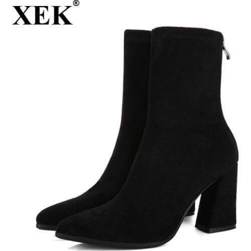 XEK 2018 autumn and winter new womens boots pointed shoes boots womens fashion zipper suede tube female boots ZLL346