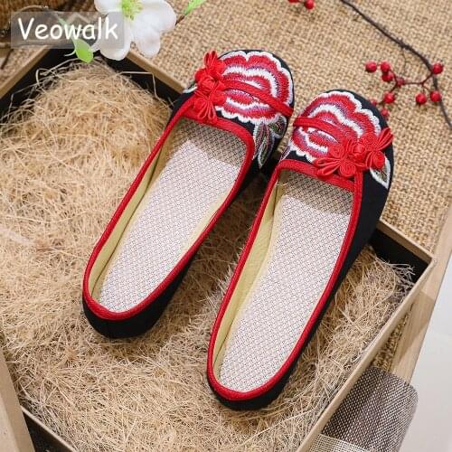 Veowalk Womens Ballet Flat Shoes Handmade Slip On Peony Embroidery Cotton Casual Shoes Woman Comfortable Soft Canvas Shoes