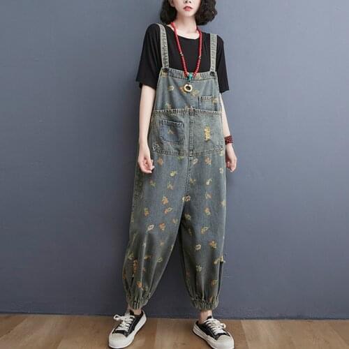 Johnature Denim Women Nine Pants Braces Trousers Print Floral Pocket Fashion Casual Loose Jeans 2021 Summer New Button Rompers