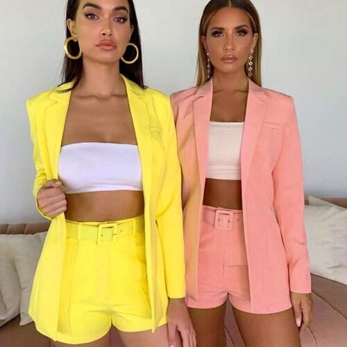 2021 New Women Sets Autumn long sleeve cardigan Blazer shorts solid 2 piece set Lady Casual Short Suits With Belt Hot sale
