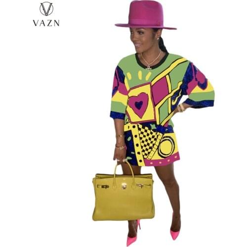 VAZN 2021 Autumn Straight Retro Chiffon Overalls Casual Fashion Round Neck Short Sleeve Nature Young Vestidos For Female