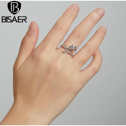 BISAER Genuine 925 Sterling Silver Plated Platinum Rose Wreath Open Rings Women Girls Wedding Fine Jewelry Gift Bijoux EFR181
