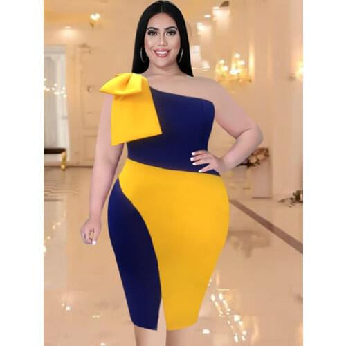 One Shoulder Dress Plus Size Women Bodycon Slit Color Block Sheath Evening Cocktail Party Event Occasion Gowns Dropshipping 2021
