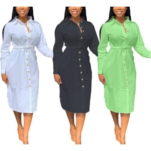 2021 Autumn White Shirt Dress Women Button-up Long Sleeve Shift Dress Office Lady Loose Casual Tunic Basic Dresses